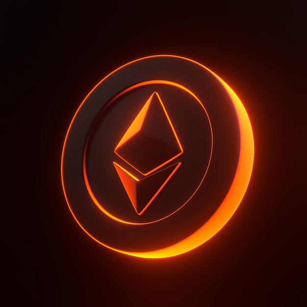 Ethereum-Token mit leuchtend leuchtenden futuristischen orangefarbenen Neonlichtern auf schwarzem Hintergrund 3D-Rendering