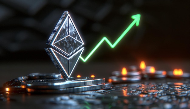 Foto ethereum wachsendes konzept ethereum kryptowährung mit aufsteigendem kerzenstock grafikdiagramm 3d ethereum