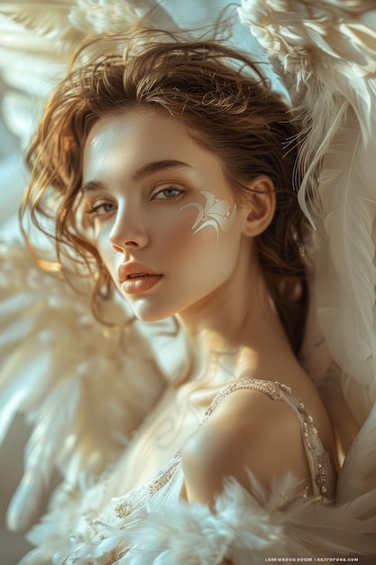 Etherische Schönheit porträtiert von einem jungen weiblichen Modell mit engelhaften Federnflügeln und weichen künstlerischen