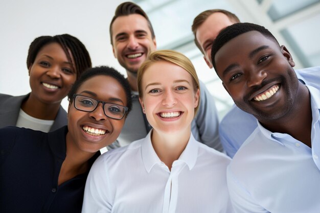 Ethnie und Vielfalt am Arbeitsplatz mit glücklichen Mitarbeitern, die den Geschäftserfolg feiern