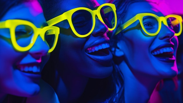 Ethnisch vielfältige, glücklich lächelnde Geschäftsleute mit leuchtenden Farbbrillen, die in die Kamera blicken. Nachtclub-Spaß in leuchtendem Cyan, Neon-Cyan und dunkelblauem Licht