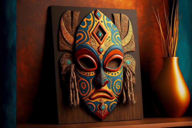 Ethnische traditionelle mehrfarbige Tiki-Maske im Rahmen im Regal