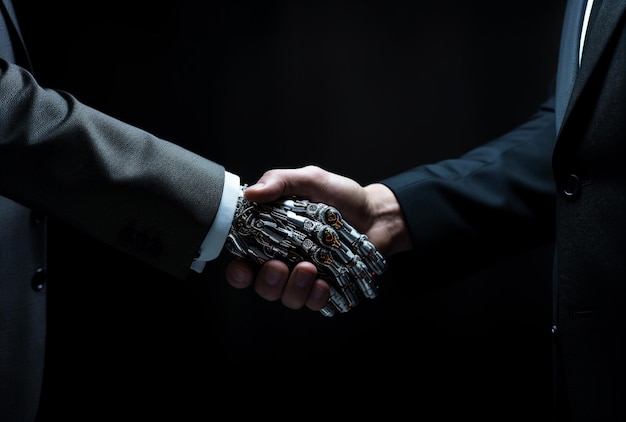 Foto Ética de la ia un brazo robot extendiendo la mano para un apretón de manos con un humano