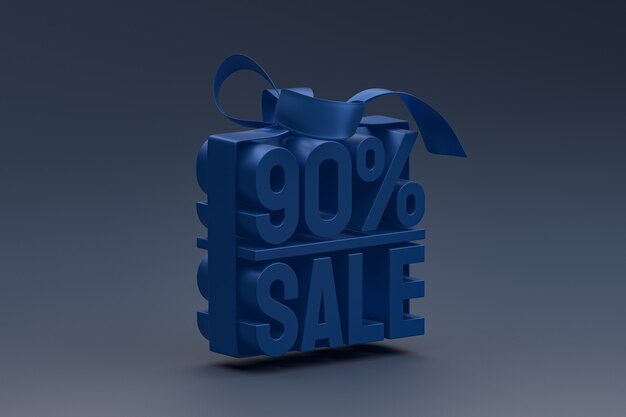 Etiqueta 3D de venta al 90% en caja con cinta y lazo en azul