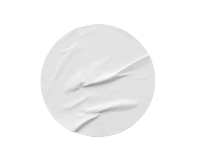 Foto etiqueta adhesiva de papel redondo blanco en blanco aislada sobre fondo blanco