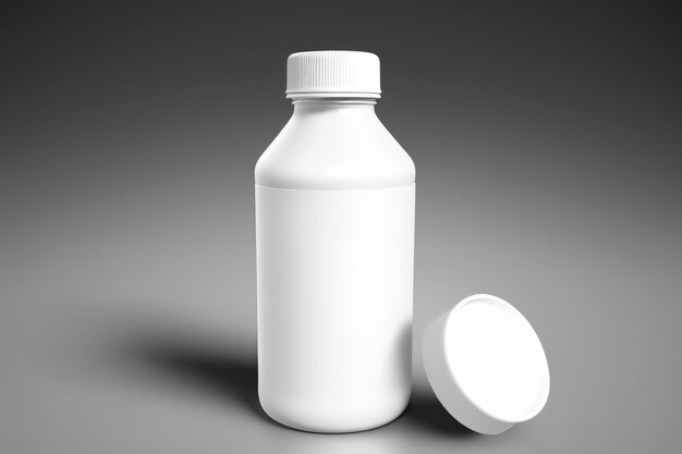 Etiqueta blanca de fondo blanco y tapa blanca en una pequeña botella de plástico transparente con trazado de recorte y la sombra original