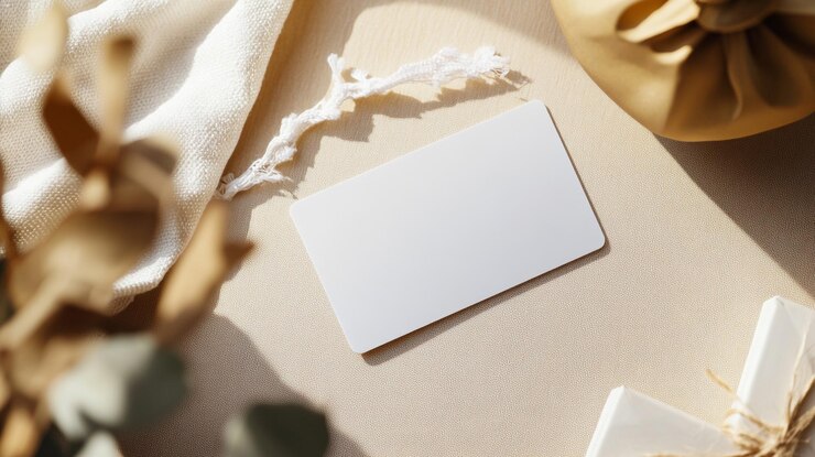Etiqueta en blanco sobre un fondo neutro rodeada de elementos decorativos y artículos de regalo
