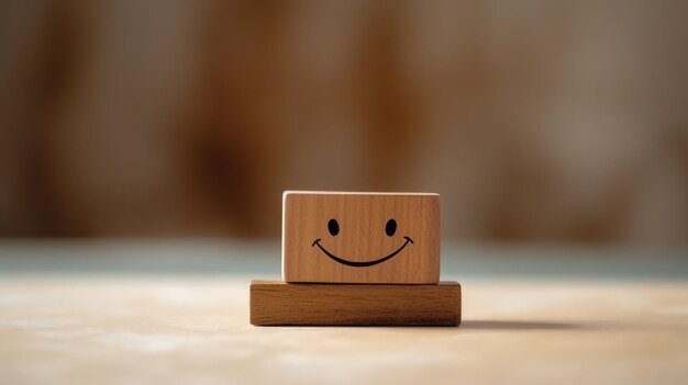 Foto una etiqueta de bloque de madera con una sonrisa feliz, cara relajada, buenos comentarios del cliente, día mundial de la salud mental