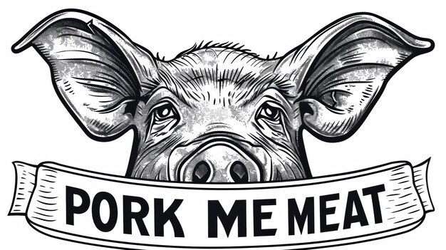 Foto etiqueta de carne de cerdo de época con ilustración y banner de texto