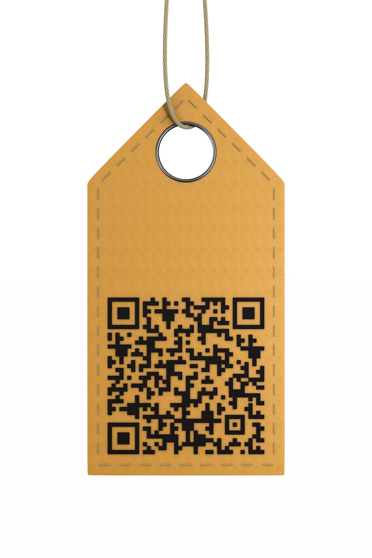 Foto etiqueta de cuero con código qr en blanco.
