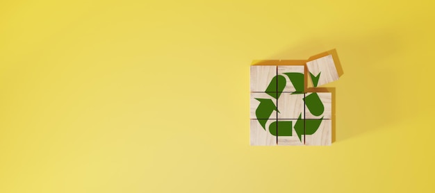 Etiqueta de reciclagem verde em cubo de bloco de madeira para ecológico para salvar a terra e o desenvolvimento sustentável