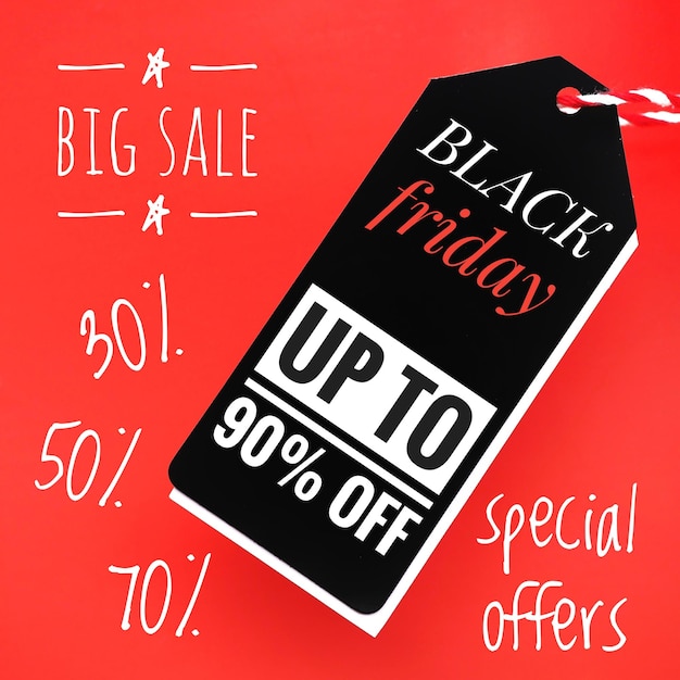 Etiqueta de venda negra com as palavras Black Friday até 90% de desconto mostrando grandes vendas e ofertas especiais