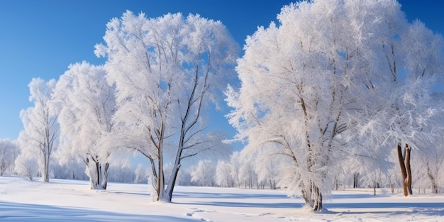 Etiqueta em branco para texto Amanhecer manhã gelada Paisagem de inverno de árvores geladas neve branca IA generativa