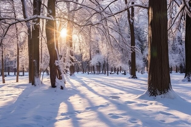 Etiqueta em branco para texto Amanhecer manhã gelada Paisagem de inverno de árvores geladas neve branca IA generativa