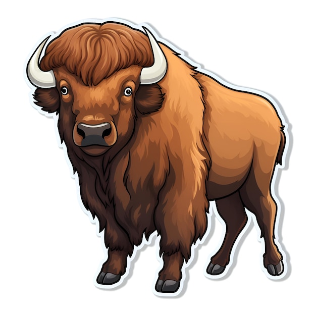 Etiqueta engomada de dibujos animados de animales bisonte sobre fondo blanco