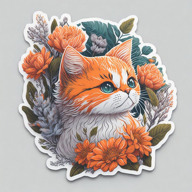 Etiqueta engomada de la ilustración de un lindo gato en una corona floral con flores