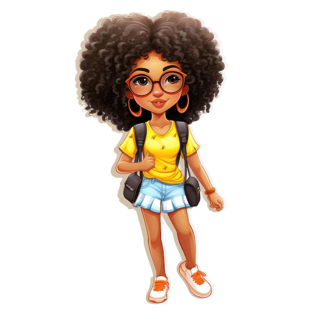 Etiqueta engomada de una linda chica afro en ropa urbana de verano aislada sobre fondo blanco