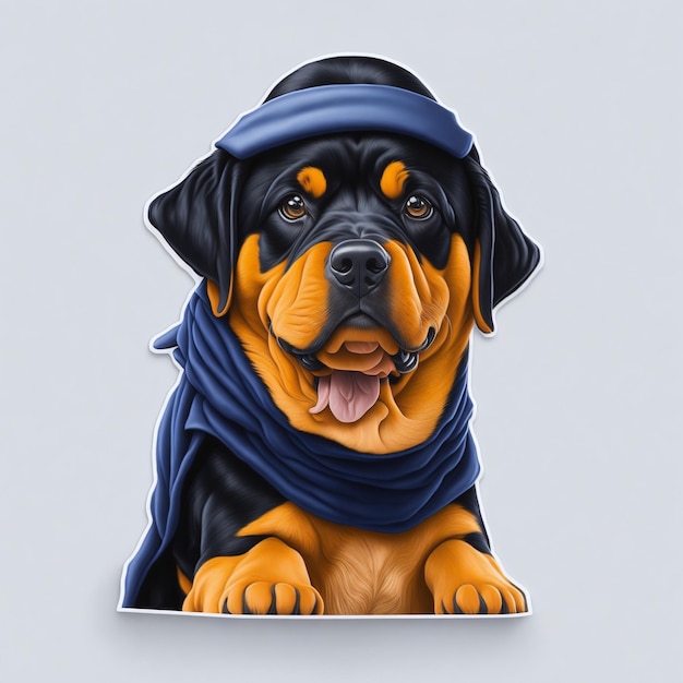 Etiqueta engomada linda de la historieta del perro Rottweiler con el fondo blanco