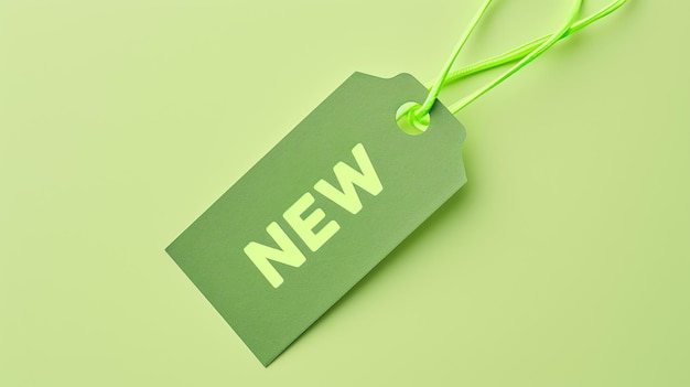 Foto una etiqueta de papel verde con la palabra nueva en ella la etiqueta está unida a una cuerda verde el fondo es de color verde claro