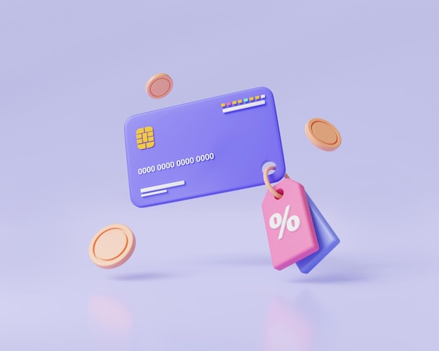 Etiqueta de precio 3d con tarjeta de crédito y monedas sobre fondo púrpura compras en línea venta en línea Compras Oferta de descuento cupón de venta pago en línea Venta de descuento Concepto 3d icono render ilustración