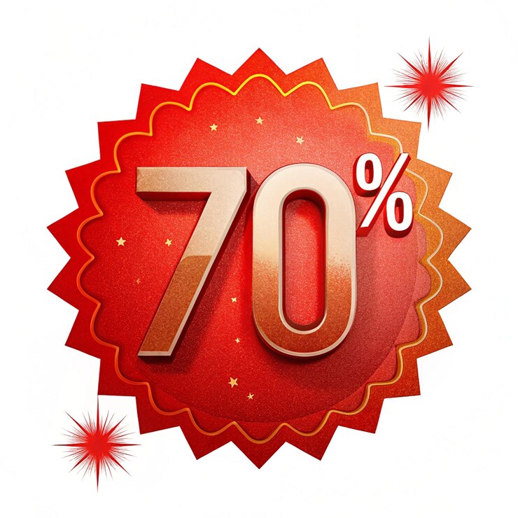 La etiqueta de precio de descuento de venta para la composición 70 por ciento