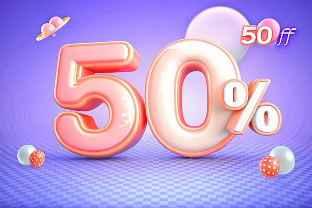 Etiqueta de precio de descuento de ventas 3d para composición 50 por ciento