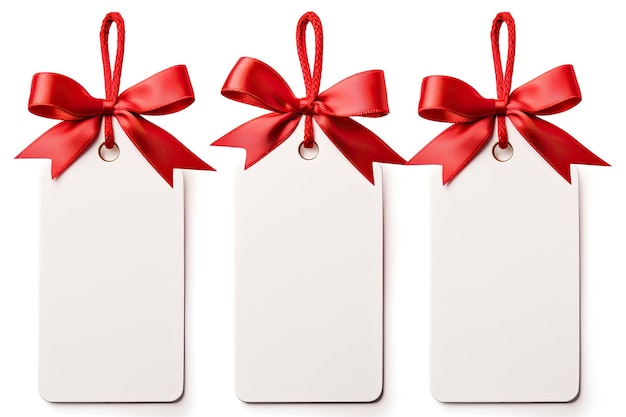 Una etiqueta de regalo en blanco atada con una cinta roja sobre un fondo blanco