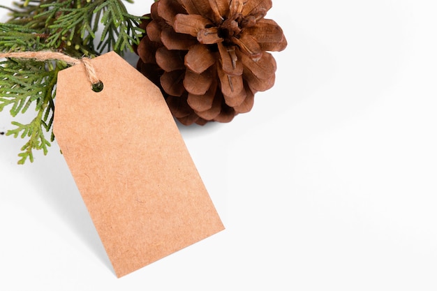 Etiqueta de regalo de Navidad de papel artesanal presente etiqueta con cuerda y rama de abeto verde sobre fondo blanco.