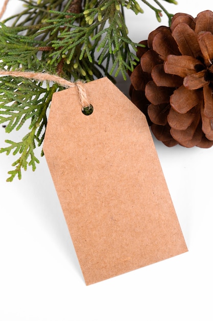 Etiqueta de regalo de Navidad de papel kraft con cuerda y rama de abeto verde