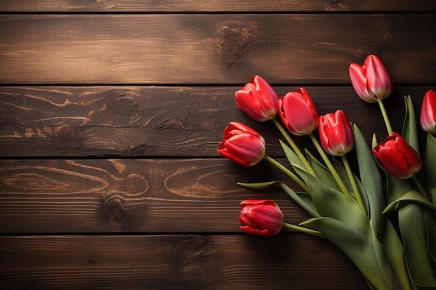 Etiqueta y tulipanes rojos decoran una mesa de madera rústica