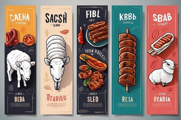 Etiquetas de envasado vectorial de carne abstractas Conjunto de diseño Tipografía moderna Banner Kebab dibujado a mano