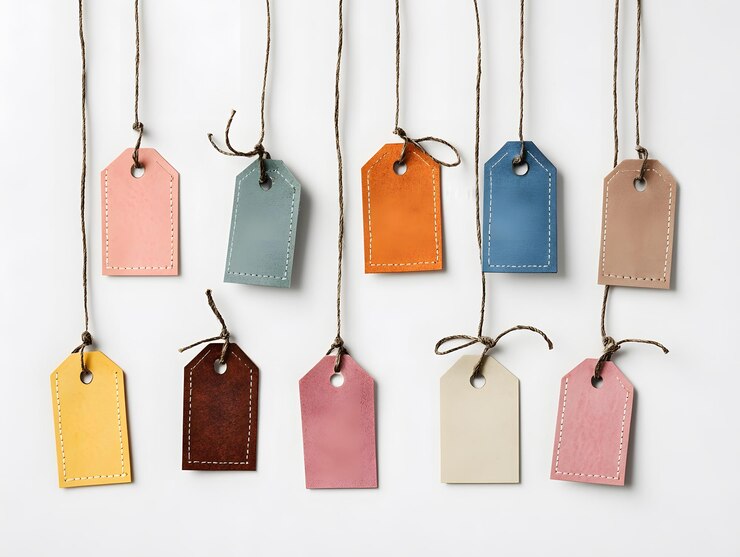 Etiquetas de productos de papel multicolor con hilos de yute unidos