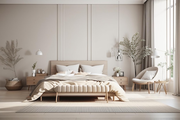 Etiquetas relacionadas renderización 3D vintage modelo mínimo de dormitorio en estilo escandinavo y clásico