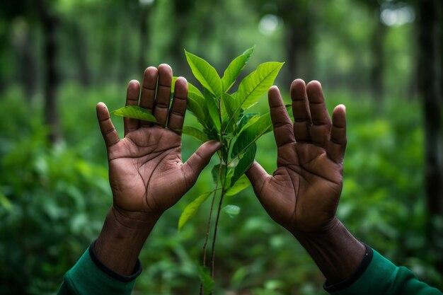 Foto etnia mista mãos altas cinco em uma floresta verde conservação ambiental k real