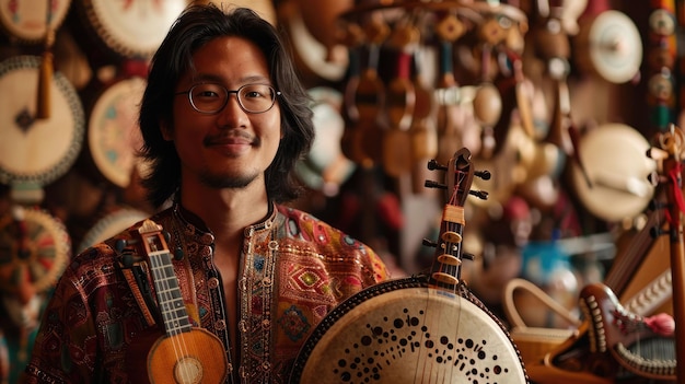 Foto el etnomusicólogo con la guitarra tradicional dentro del taller