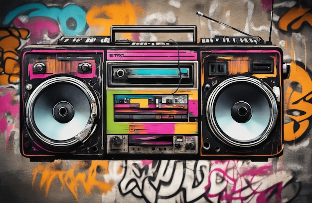 Etro diseño antiguo ghetto blaster boombox radio casete grabadora de la década de 980 en un c grungy graffiti...