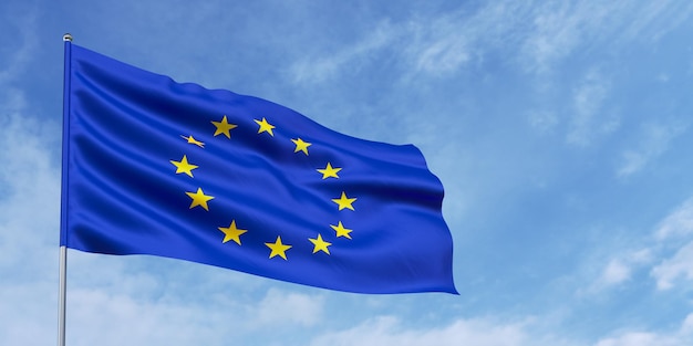 EU-Flagge am Fahnenmast auf blauem Himmelshintergrund Die Flagge der Europäischen Union im Wind flattern vor einem Himmel mit weißen Wolken Platz für Text 3D-Darstellung