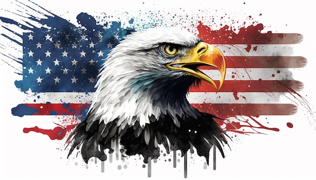 EUA, 4 de julho, dia da independência, águia careca com bandeira americana com fogos de artifício Generative ai