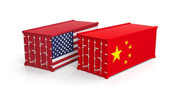 EUA e China comercializam contêineres de transporte de bandeiras dos EUA e da China isolados na ilustração 3d de fundo branco