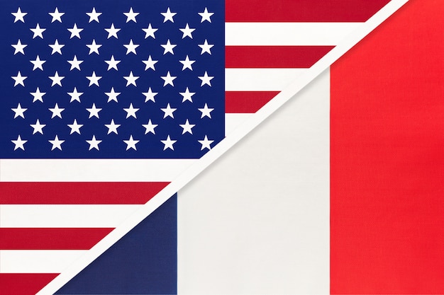 EUA vs bandeira nacional de França de têxteis. Relação entre países americanos e europeus.