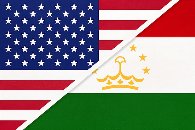 Eua vs bandeira nacional do tajiquistão de têxteis. relação entre dois países americanos e asiáticos.