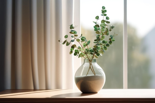 eucalipto em vaso exclusivo com escrivaninha de madeira AI Generated