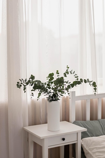 Eucalipto en un jarrón blanco Interior de dormitorio con flores.