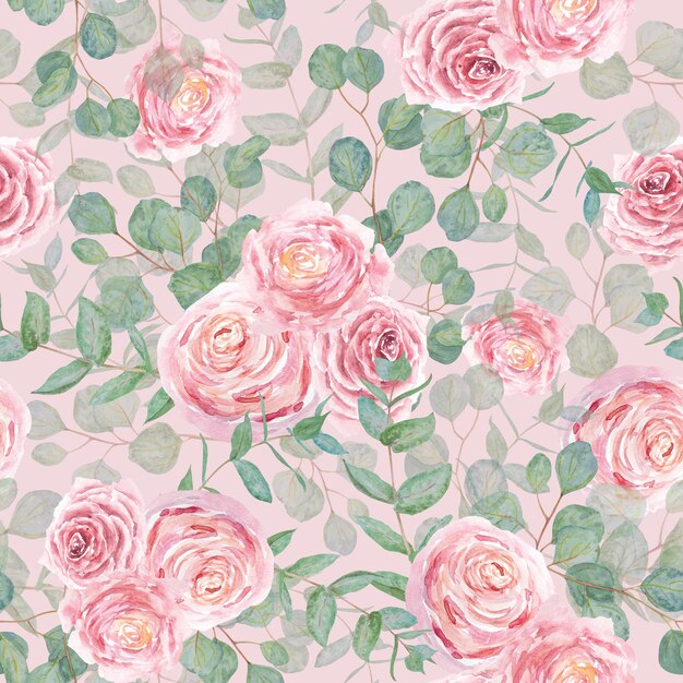 Eucalipto y rosas rosas rama acuarela dibujada a mano floral patrón sin costura pintura botánica de