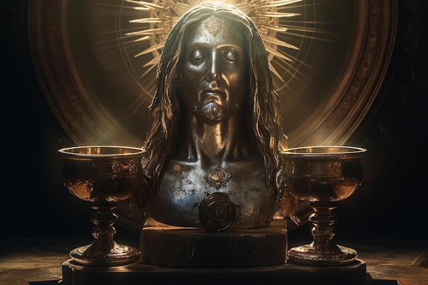 Eucharistiefeier Fronleichnam Jesus Christus in der Monstranz im Sakrament der Eucharistie Heiliger Gral aus Bronze und Goldpokal mit christlichem und religiösem Kreuz