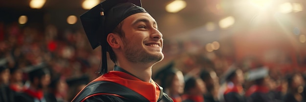 Foto eufórico graduado masculino con gorra y túnica disfrutando de los aplausos en la ceremonia de graduación