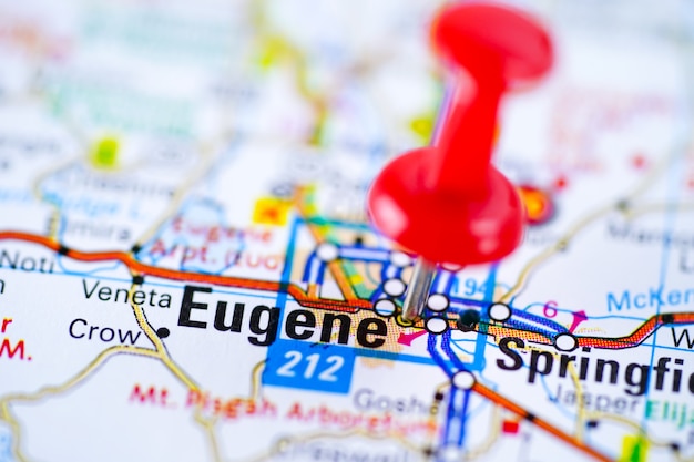 Eugene roteiro com alfinete vermelho, cidade nos estados unidos da américa eua.