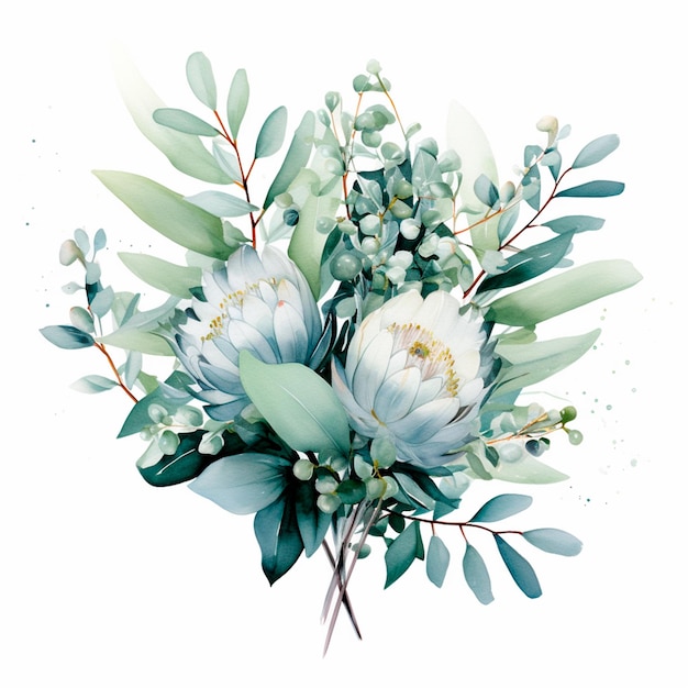 Eukalyptus Aquarell Blumen Blumenhochzeitsstrauß AI generative isolierte Illustration