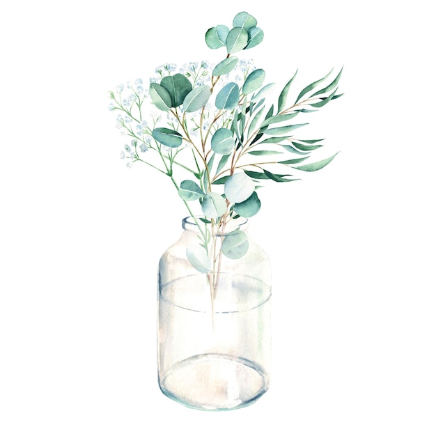 Foto eukalyptus- und gypsophilazweige im vasenglas silberdollarweide aquarell handgezeichnet botanisch