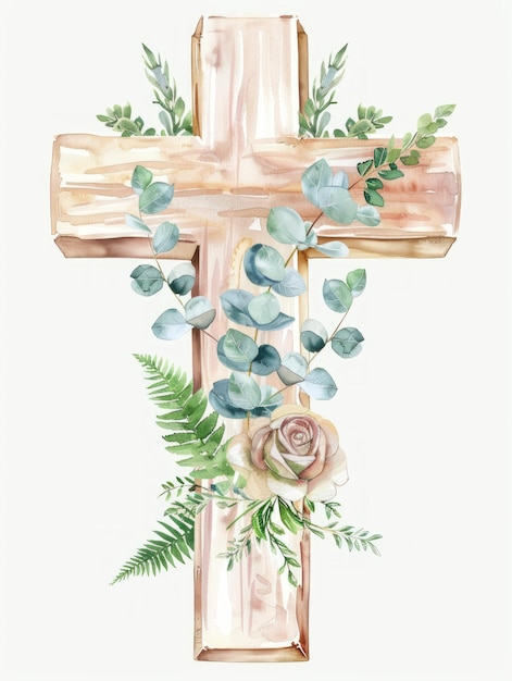 Foto eukalyptusfern und rose geschmückt mit boho-holzkreuz mit aquarell-akzenten generative ki